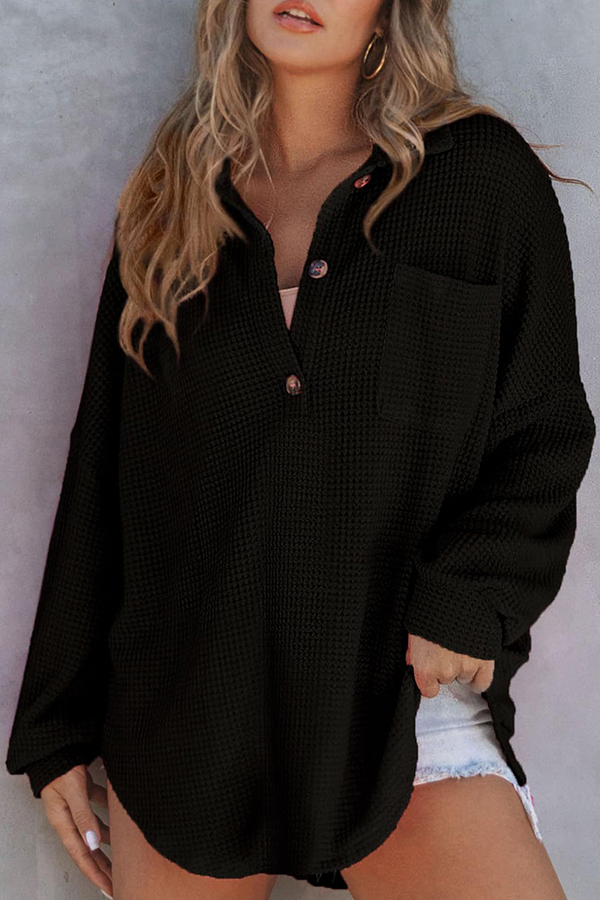 Solid Color Waffle Loose Casual Knitted Pocket Top-consonak