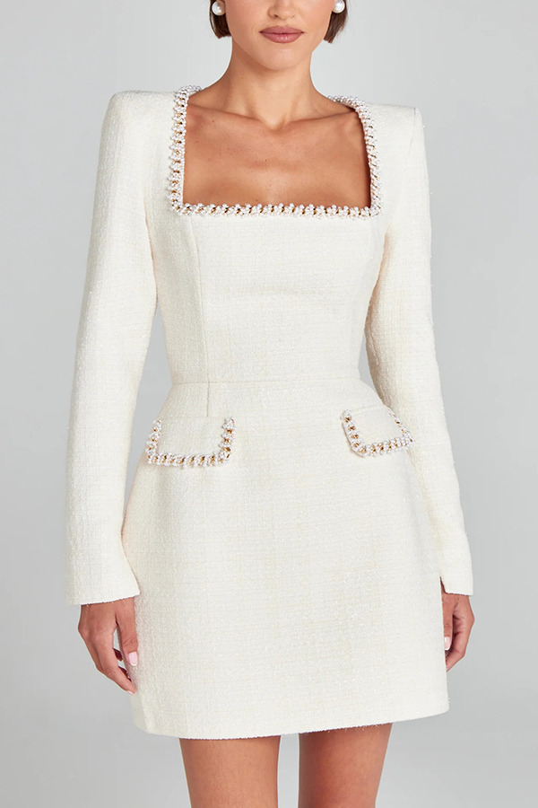Girly and Glamorous Tweed Fabric Pearl Trim Long Slit Sleeve Pocketed Mini Dress | Consonak