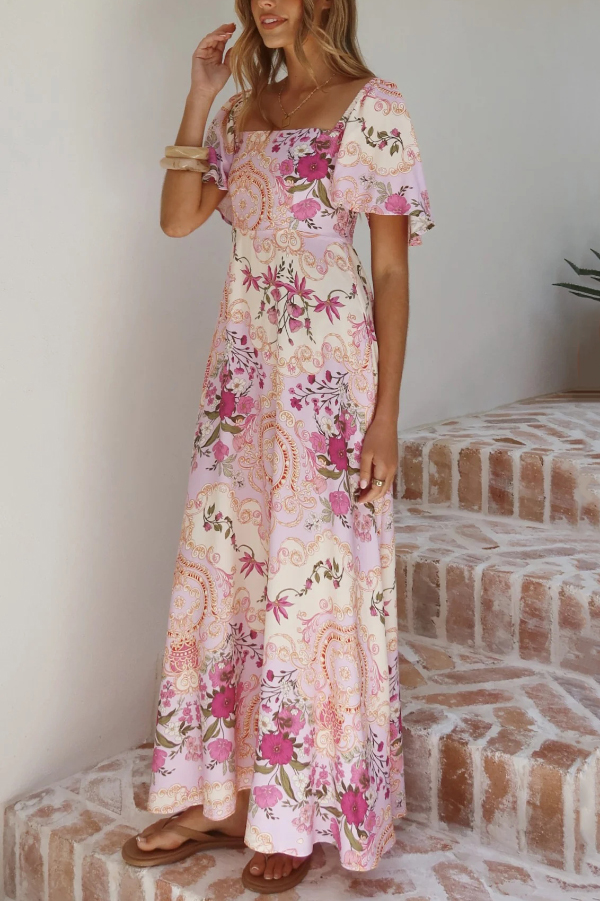 Plant Print Short-sleeved Square Neck Casual Pocket Holiday Midi Dress-consonak