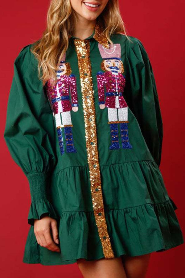 Nutcracker Sequined Button Down Long Sleeve Mini Dress-consonak