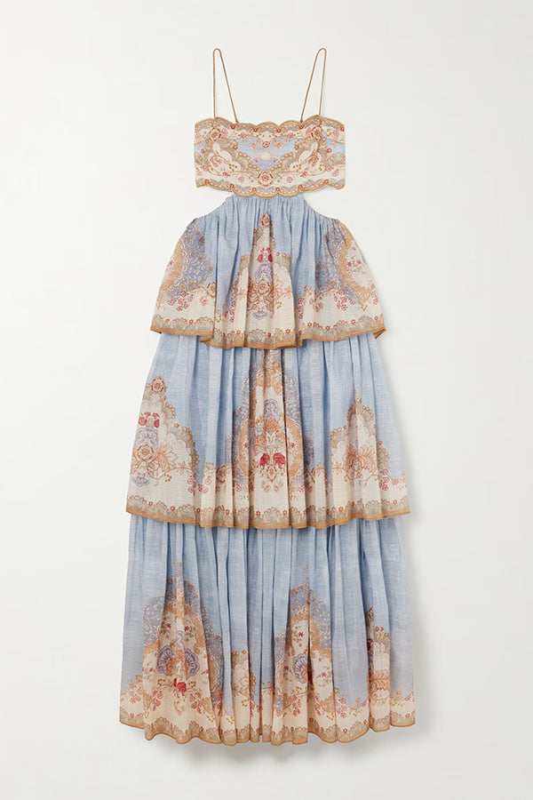 Daylight Unique Print Cutout Waist Back Lace-up Tiered Hem Maxi Dress-consonak