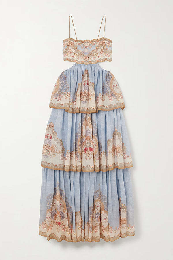 Daylight Unique Print Cutout Waist Back Lace-up Tiered Hem Maxi Dress