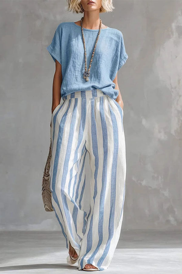 Capri Stripe Two-Piece Linen Top & Pants Se-Consonak