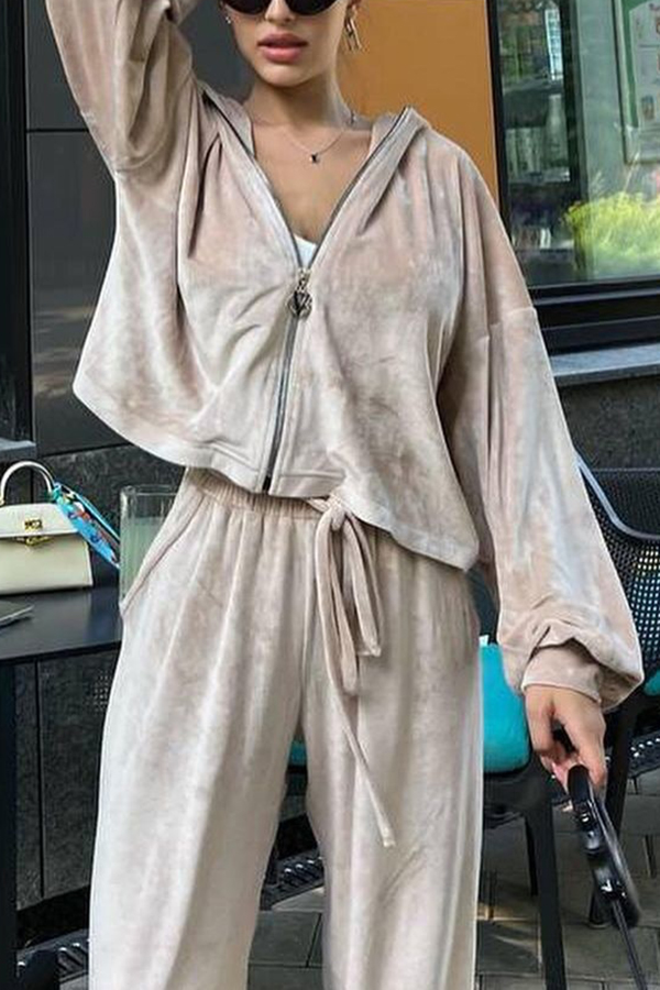 Velvet Casual Zip-up Hooded Top and Elastic Waist Wide Leg Pants Set-consonak