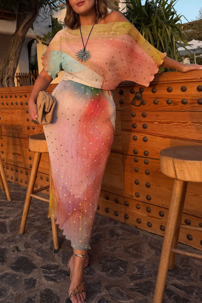 Rudi Pleated Metallic Fleck Print Wide Neck Elastic Waist Midi Dress-consonak