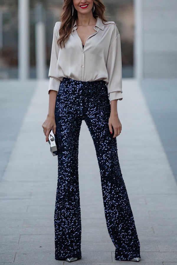 Diva Velvet Sequin High Rise Elastic Waist Flare Pants | Consonak