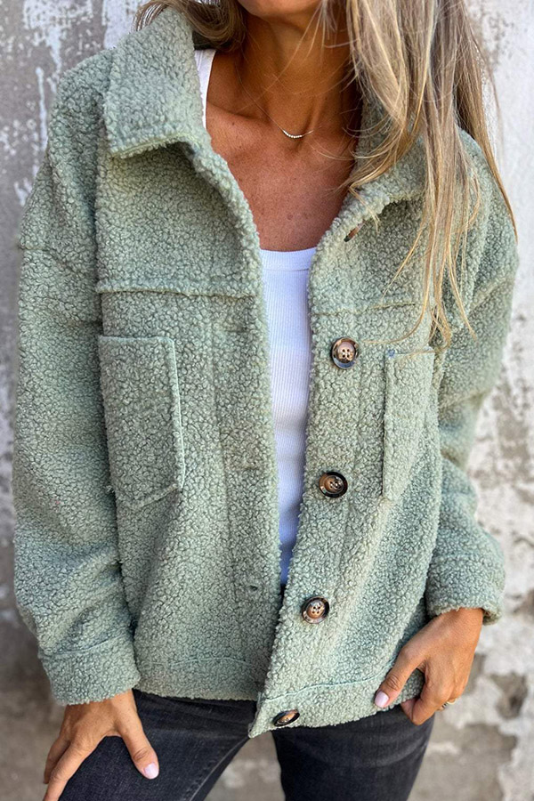 Solid Lapel Single-breasted Pocket Polar Fleece Coat-consonak