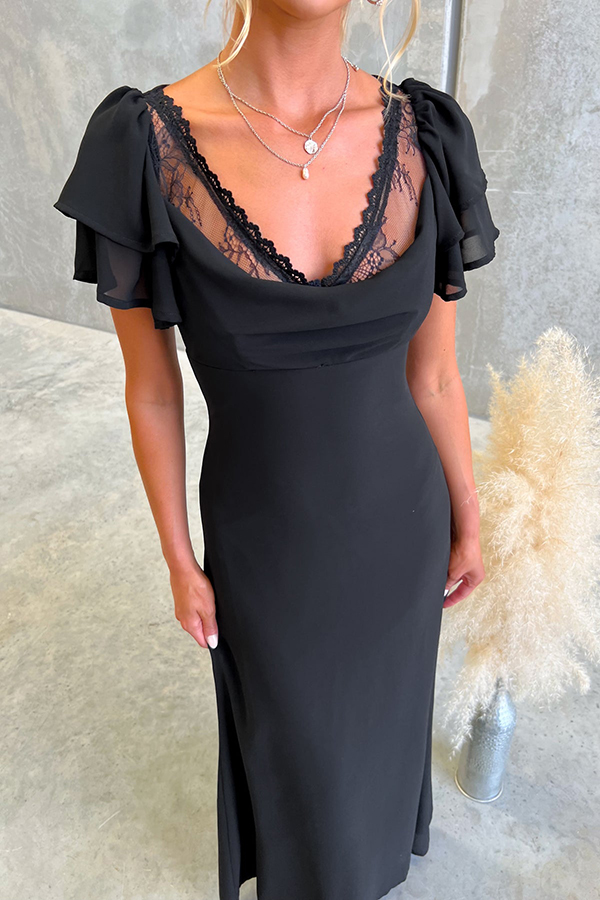 Midnight Charm Lace Detail Cowl Neck Bell Tiered Short Sleeve Maxi Dress