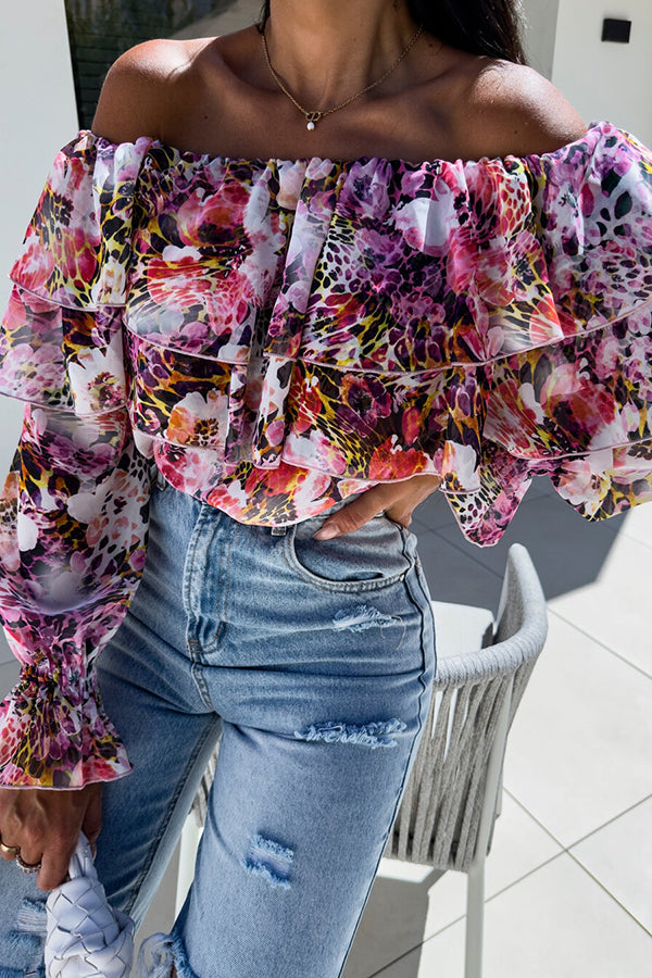 Colorful Botanical Print Sexy Off-shoulder Ruffle Top-consonak