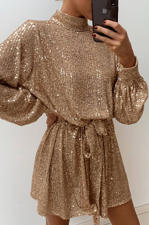 Fashionable Sequined Long-sleeved Belted Casual Mini Dress-consonak