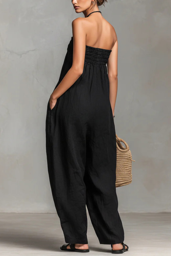 Linen Blend Sleeveless Off-shoulder Pleated Drawstring Loose Pocket Jumpsuit