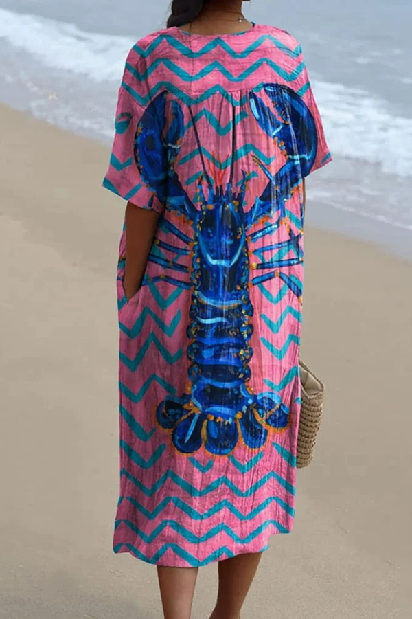 Unique Marine Print V-neck Short-sleeved Midi Dress-consonak