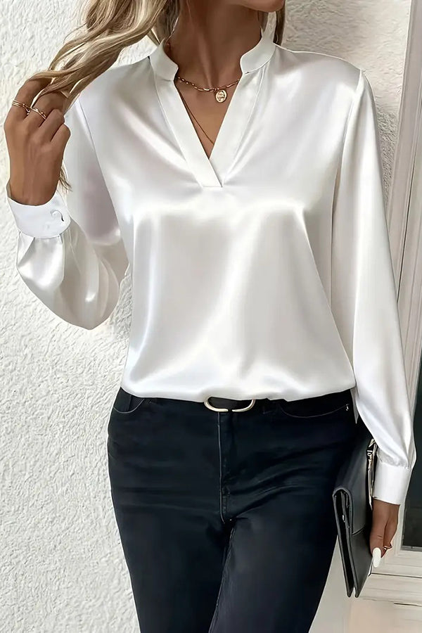Solid Color Satin Loose V-neck Long-sleeved Casual Shirt-consonak
