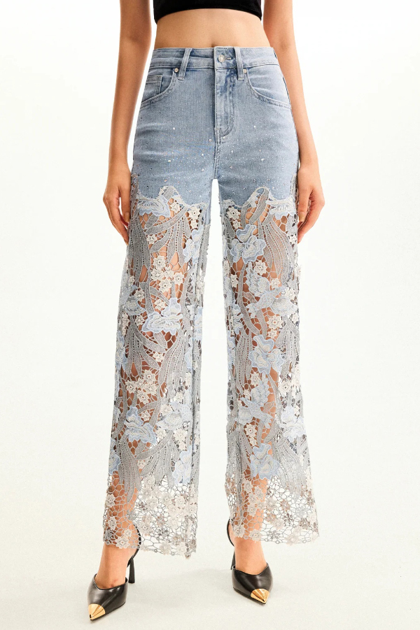 Elegant Lace Openwork Casual Pocket Straight Leg Jeans | Consonak
