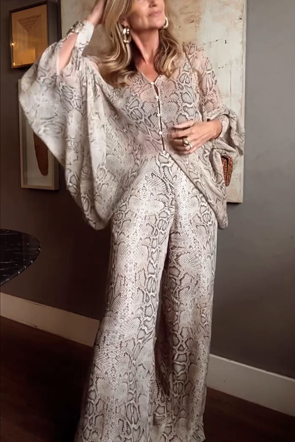 Iselle Animal Print Button Up Batwing Sleeve Shirt and Elastic Waist Wide Leg Pants Set | Consonak