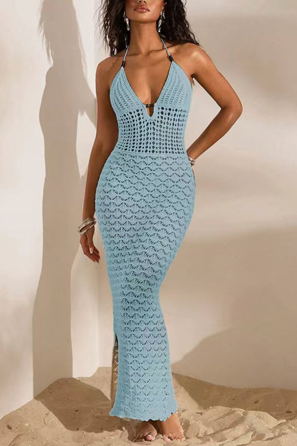 Solid Color Openwork Halter Neck Slim-fit Knitted Cover-up Maxi Dress-consonak