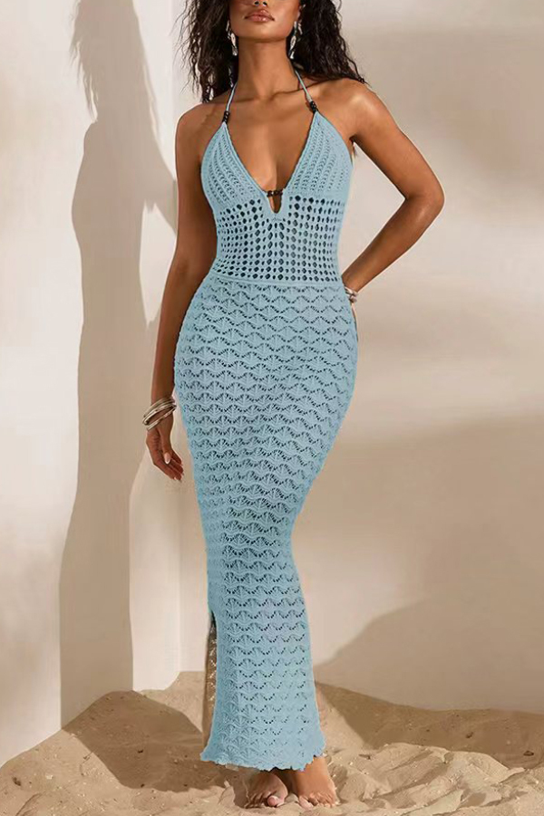 Solid Color Openwork Halter Neck Slim-fit Knitted Cover-up Maxi Dress-consonak