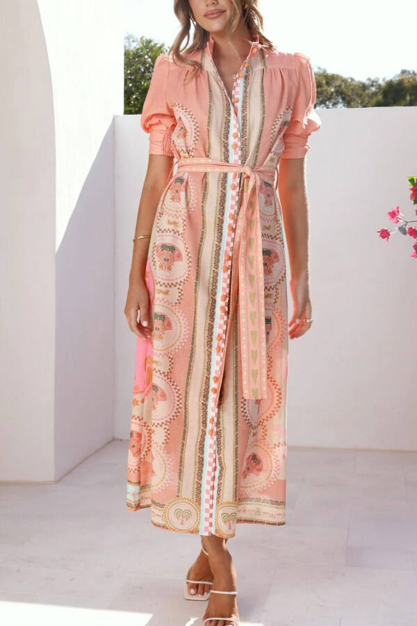 Unique Printed Puff Sleeve Button Lace Up Vacation Maxi Dress-consonak