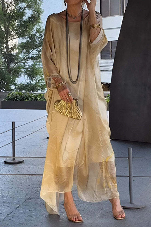 Unique Printed Crew Neck Loose Resort Style Maxi Dress-consonak