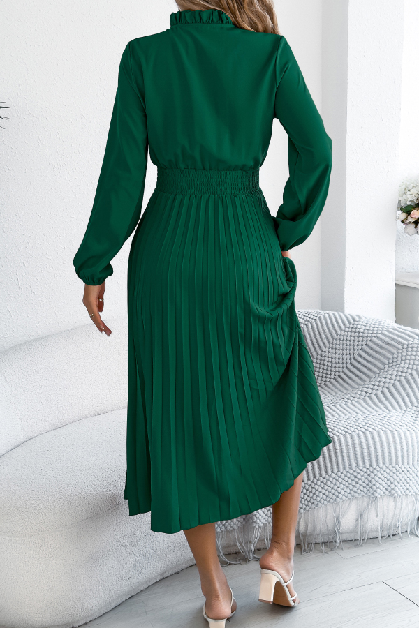 Solid Color Long-sleeved Fitted Waist Pleated Elegant Midi Dress-consonak