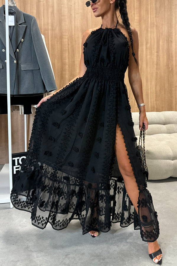 Gloria Embroidery Flowers Elastic Waist Halter Backless Slit Maxi Dress-consonak