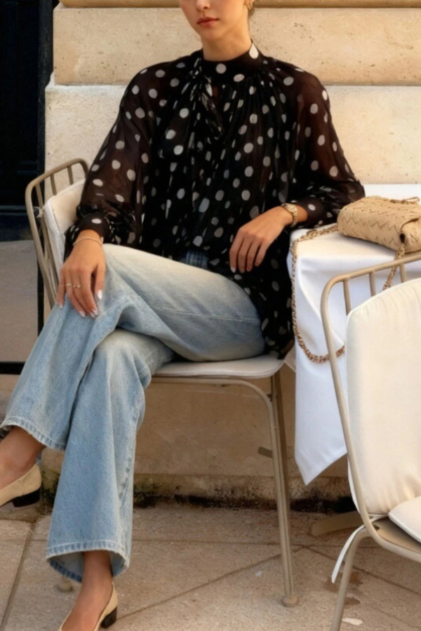 Polka Dot Print Tie-waist Lantern Sleeve Elegant Loose Shirt-consonak