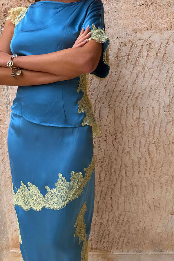 Kira Contrast Color Satin Lace Trim High Rise Maxi Skirt