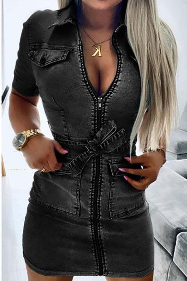 Tie Waist Zipped Pocket Denim Mini Dress-consonak