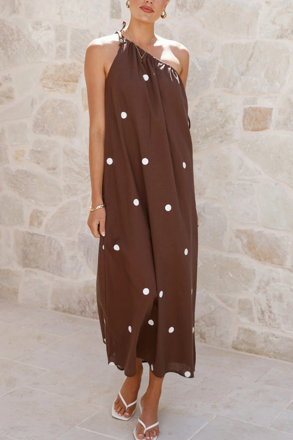 Polka Dot Print Sleeveless One-shoulder Tie-up Casual Vacation Maxi Dress-consonak