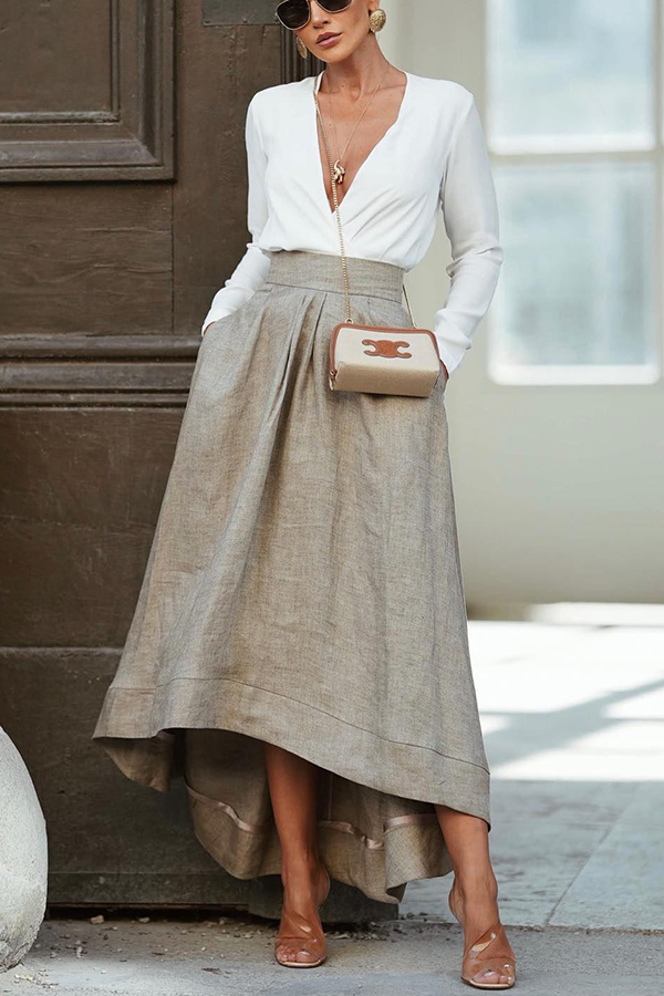 Caught A Vibe Linen Blend Back Elastic Waist Pocketed High Low Maxi Skirt-consonak