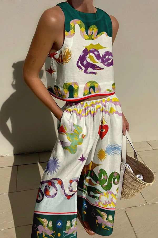 Best Photo Linen Blend Unique Print Tank and Elastic Waist Pocketed Pants Set-consonak