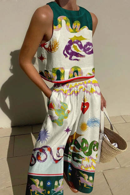 Best Photo Linen Blend Unique Print Tank and Elastic Waist Pocketed Pants Set-consonak