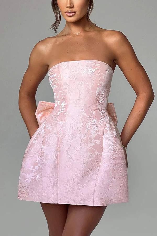 Palace Style Jacquard Fabric Off Shoulder Backless Lace-up Bow Mini Dress-consonak