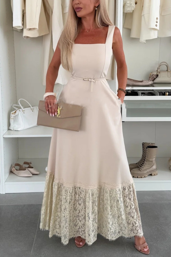 Solid Color Square Neck Sleeveless Fitted Waist Elegant Lace Hem Maxi Dress