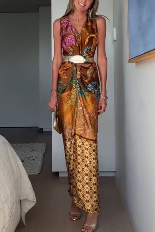 Naturally Inspired Satin Unique Floral Print Twist Waist Slit Drape Maxi Dress-consonak