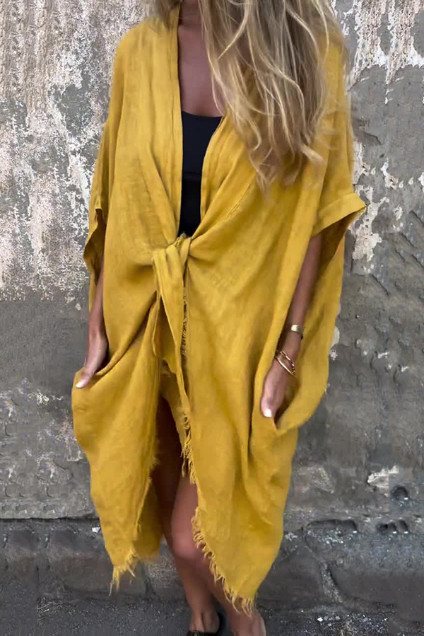 Solid Color Loose Knotted Casual Kimono-consonak