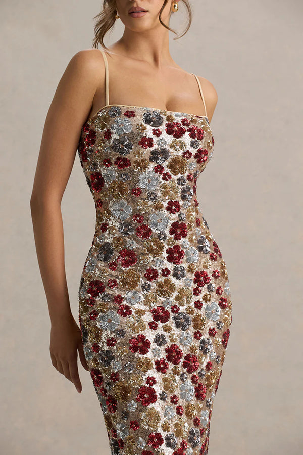 The Center of Attention Floral Print Sequin Square Neck Slip Stretch Maxi Dress | Consonak