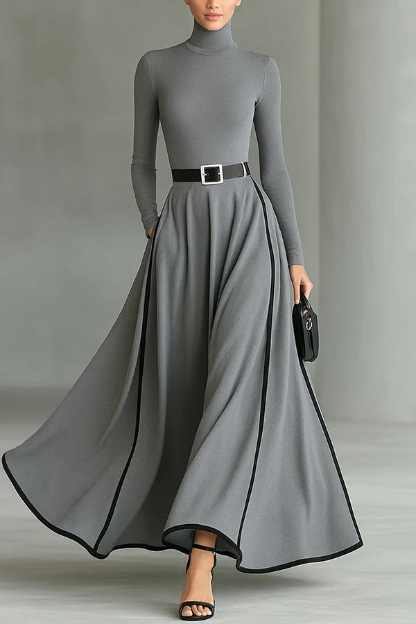 Stylish Color-blocked Trim High-neck Long-sleeved Casual Pockets Maxi Dress-consonak