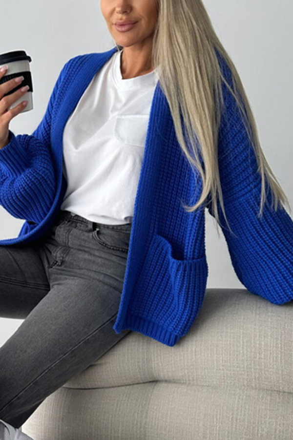Solid Color V-neck Long-sleeved Casual Knitted Cardigan-consonak