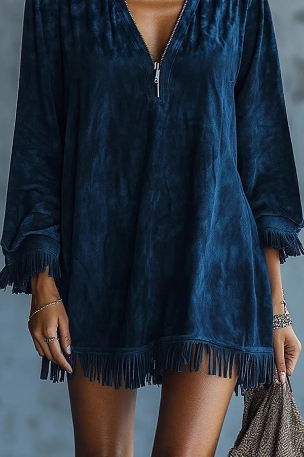 Solid Color Loose Hooded Zip-up Casual Long-sleeved Tassel Hem Mini Dress-consonak