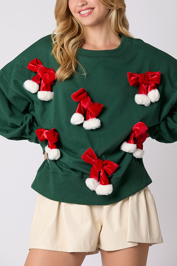 Christmas Bow Embellished Casual Long-sleeved Sweatshirt-consonak