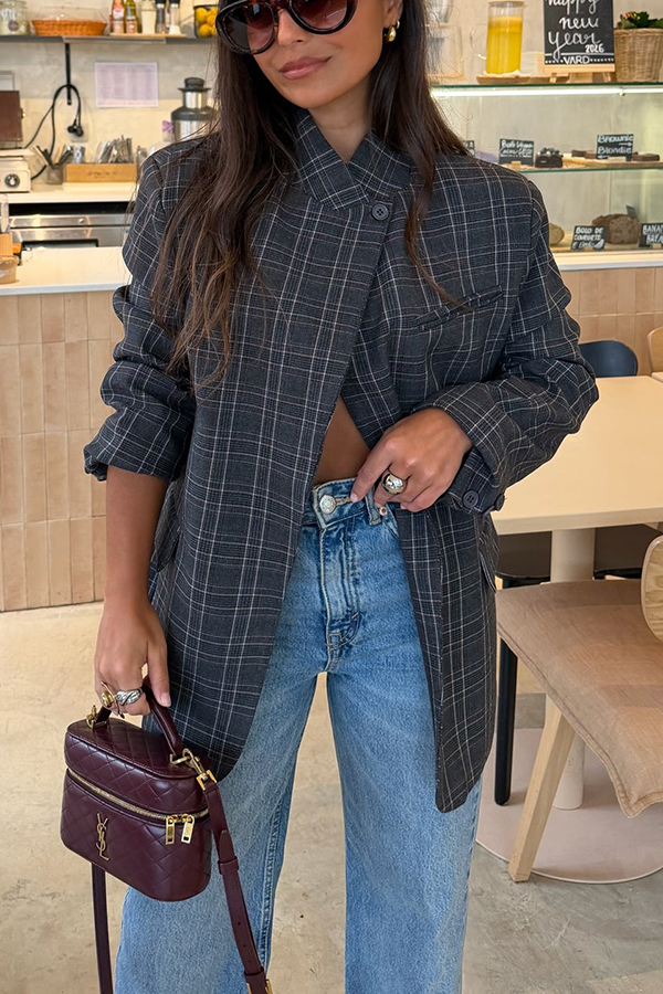 Timelessly Yours Stand Neck Single Button Long Sleeve Pocket Loose Blazer-consonak