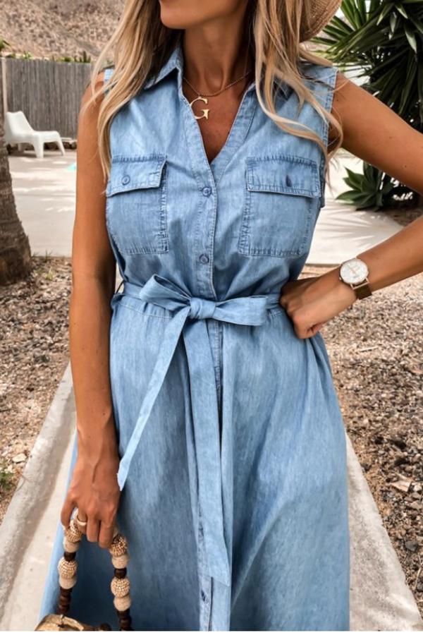 Ralphy Pocketed Distressed Denim Tie Dress-consonak
