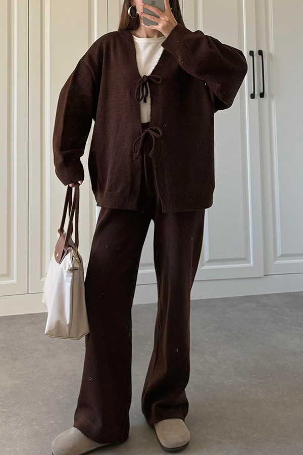 Solid Color V-neck Tie Long-sleeved Loose Knit Cardigan and Elastic Waist Casual Straight Leg Pants Set-consonak