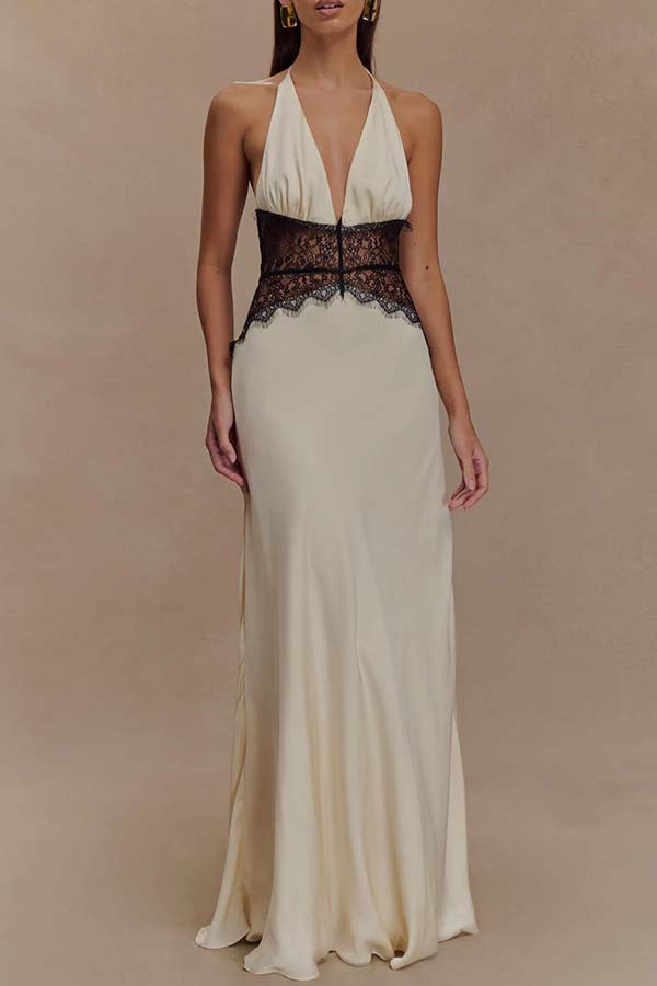 Seductive Details Satin Lace Waist Halter Tie-up Backless Maxi Dress-consonak