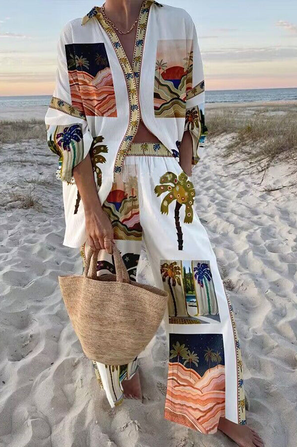 Beach Memories Palm Print Oversized Blouse and Elastic Waist Pocketed Pants Set-consonak