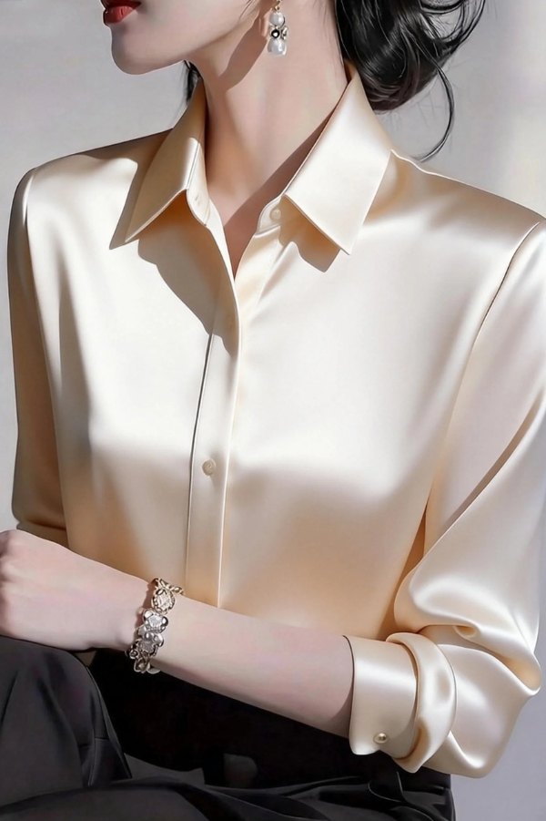 Solid Color Satin Collared Long-sleeved Button-down Casual Shirt | Consonak