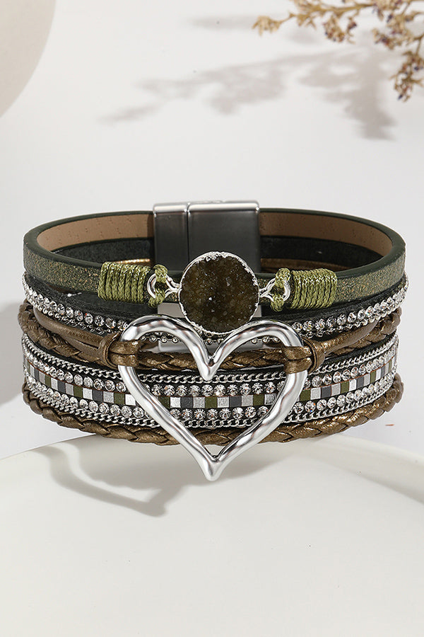Bohemian Leather Cord Multi-layered Raw Stone Heart Bracelet | Consonak