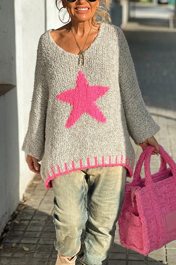 Warm Winter Day Texture Knit Star Pattern Contrast Color Loose Sweater-consonak