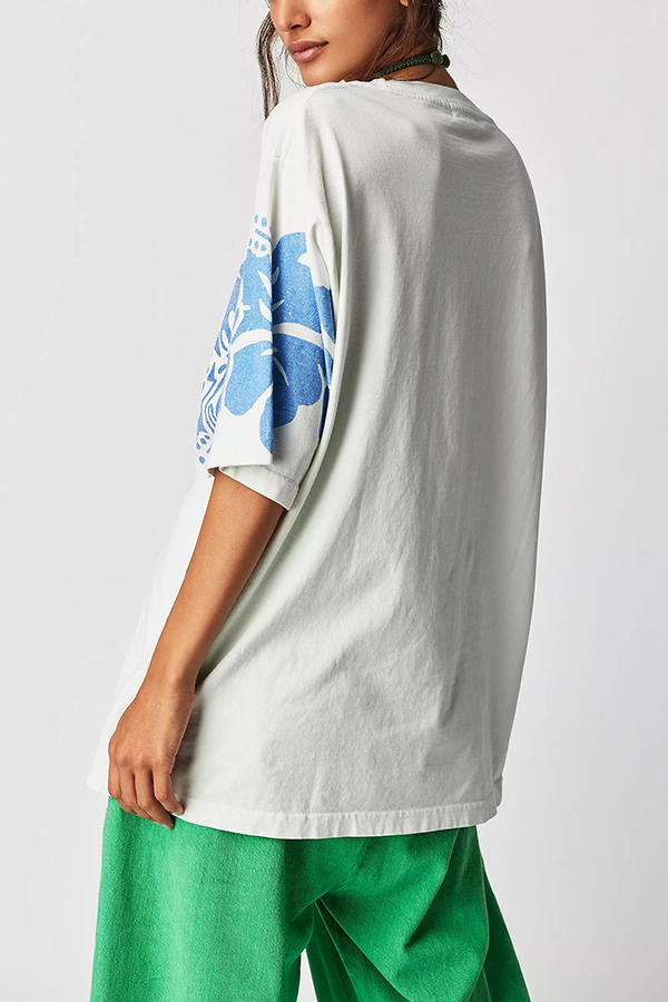 Floral Print Loose Round Neck Short Sleeve T-shirt-consonak